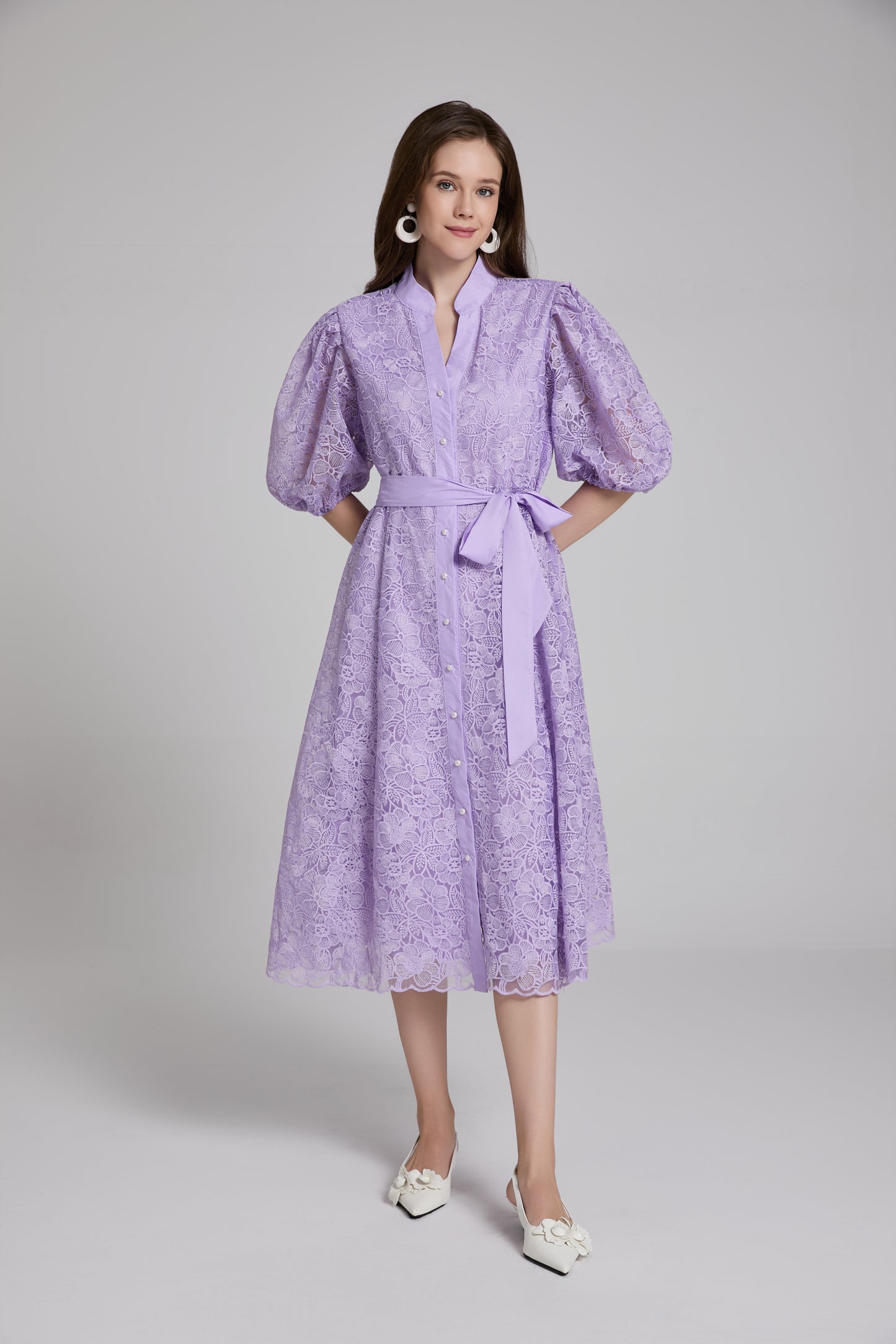 Women's Lace Embroidery Puff Sleeve Midi Dress