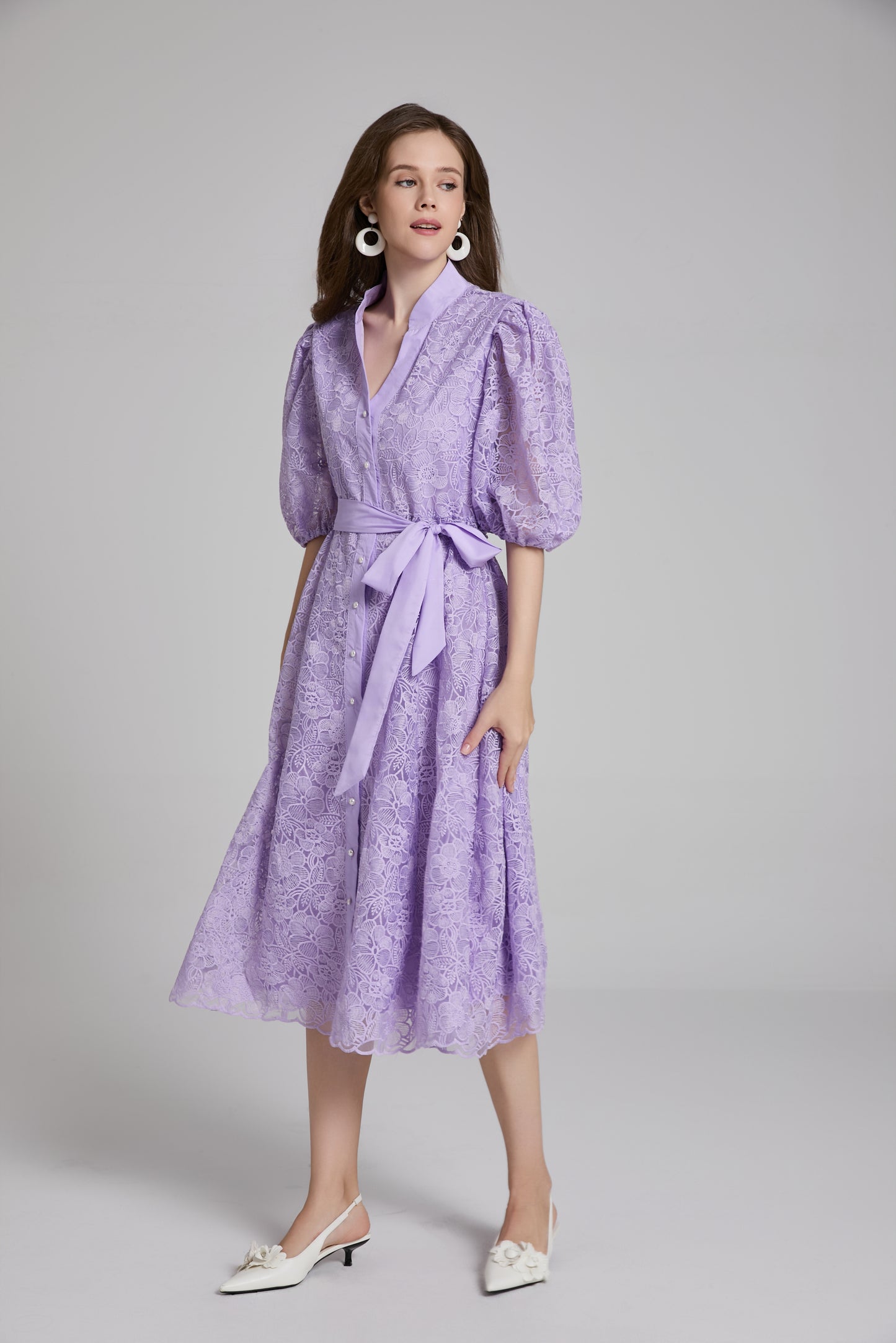 Women's Lace Embroidery Puff Sleeve Midi Dress