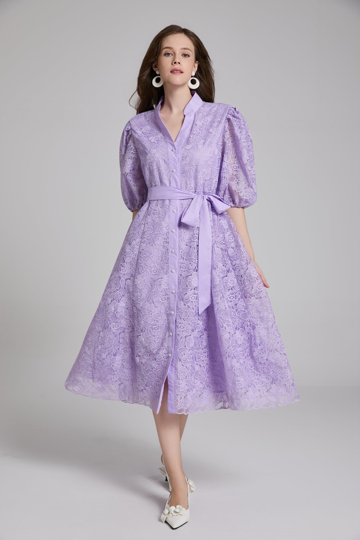 Women's Lace Embroidery Puff Sleeve Midi Dress