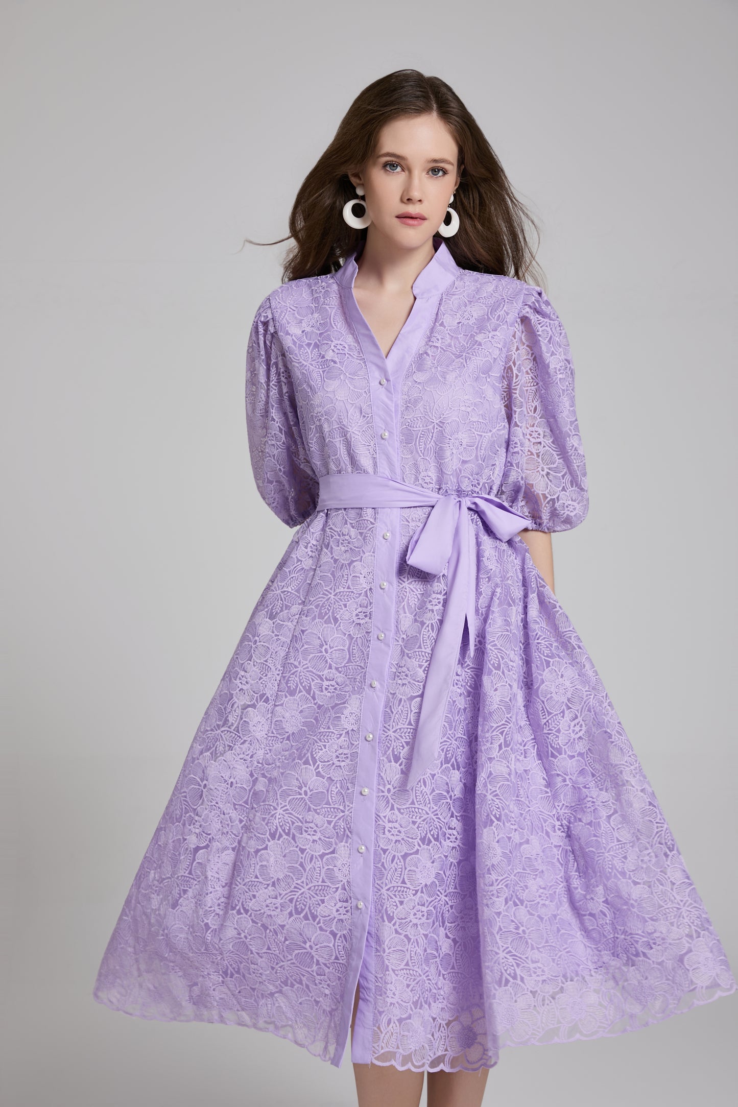 Women's Lace Embroidery Puff Sleeve Midi Dress