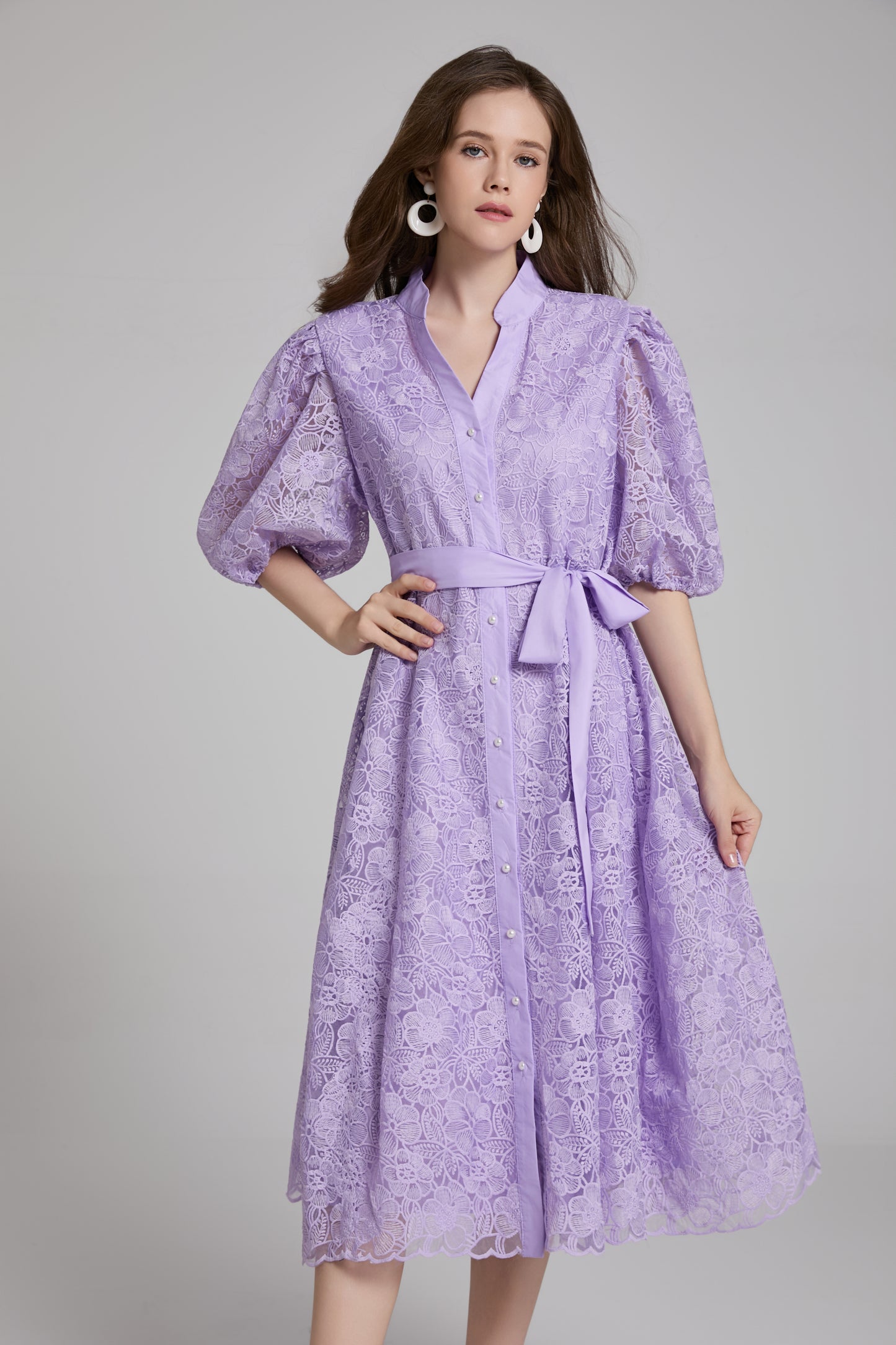 Women's Lace Embroidery Puff Sleeve Midi Dress