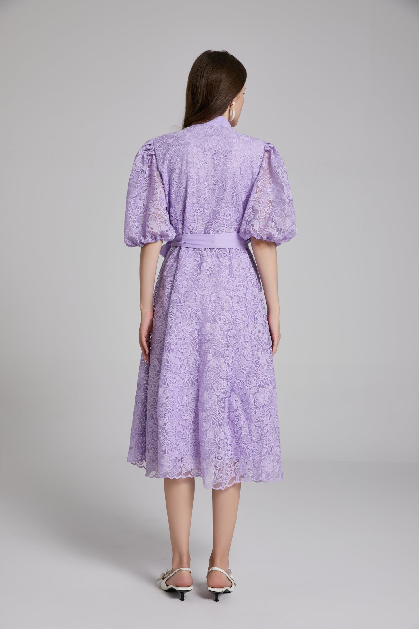 Women's Lace Embroidery Puff Sleeve Midi Dress