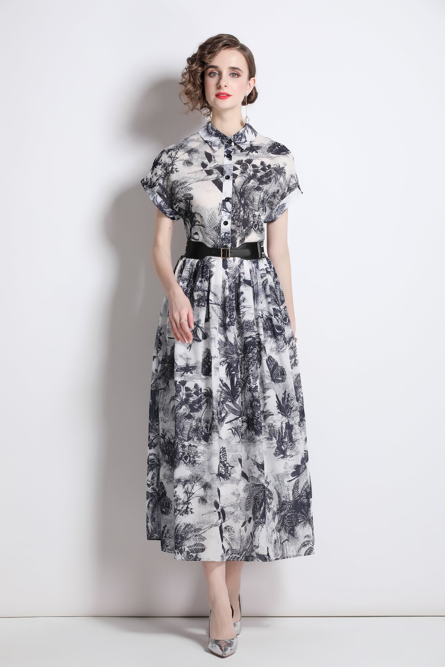 Women's Short Sleeves Collar Printed Midi Dress