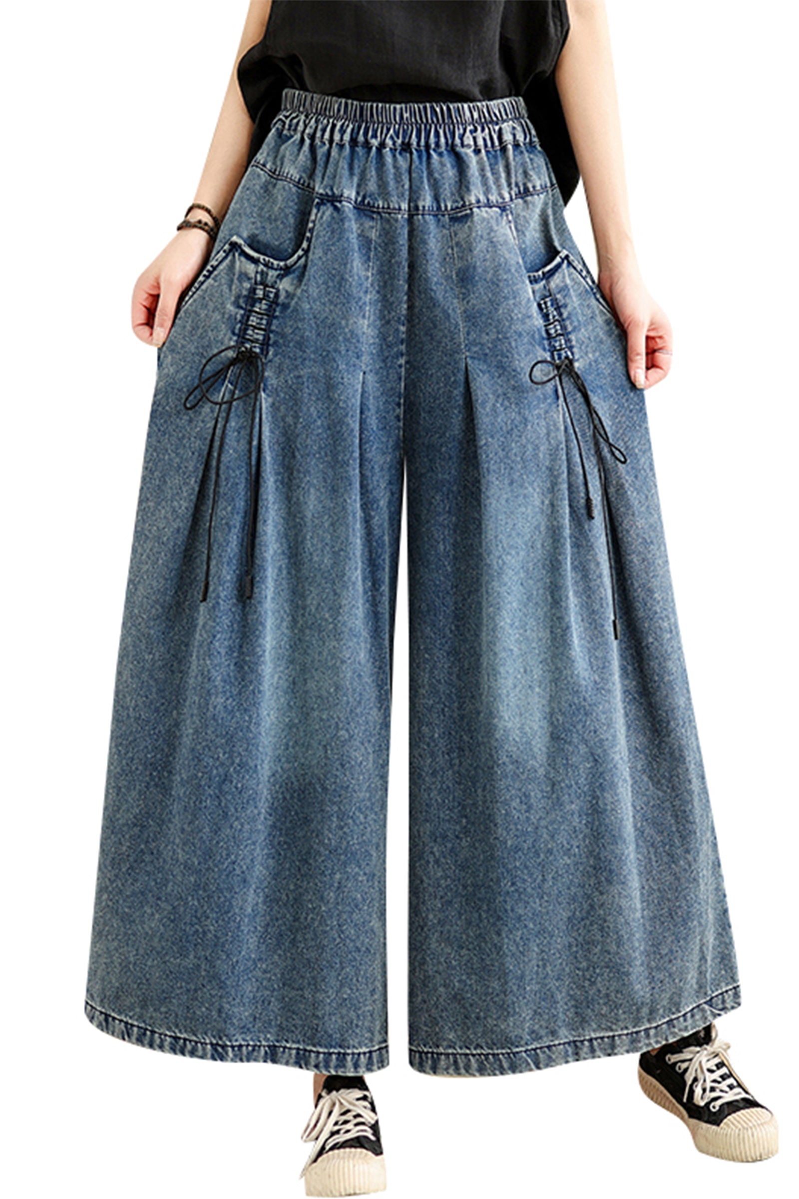 BK-Women's Loose Elastic Waist Wide Leg Denim Pants - LAI MENG FIVE CATS