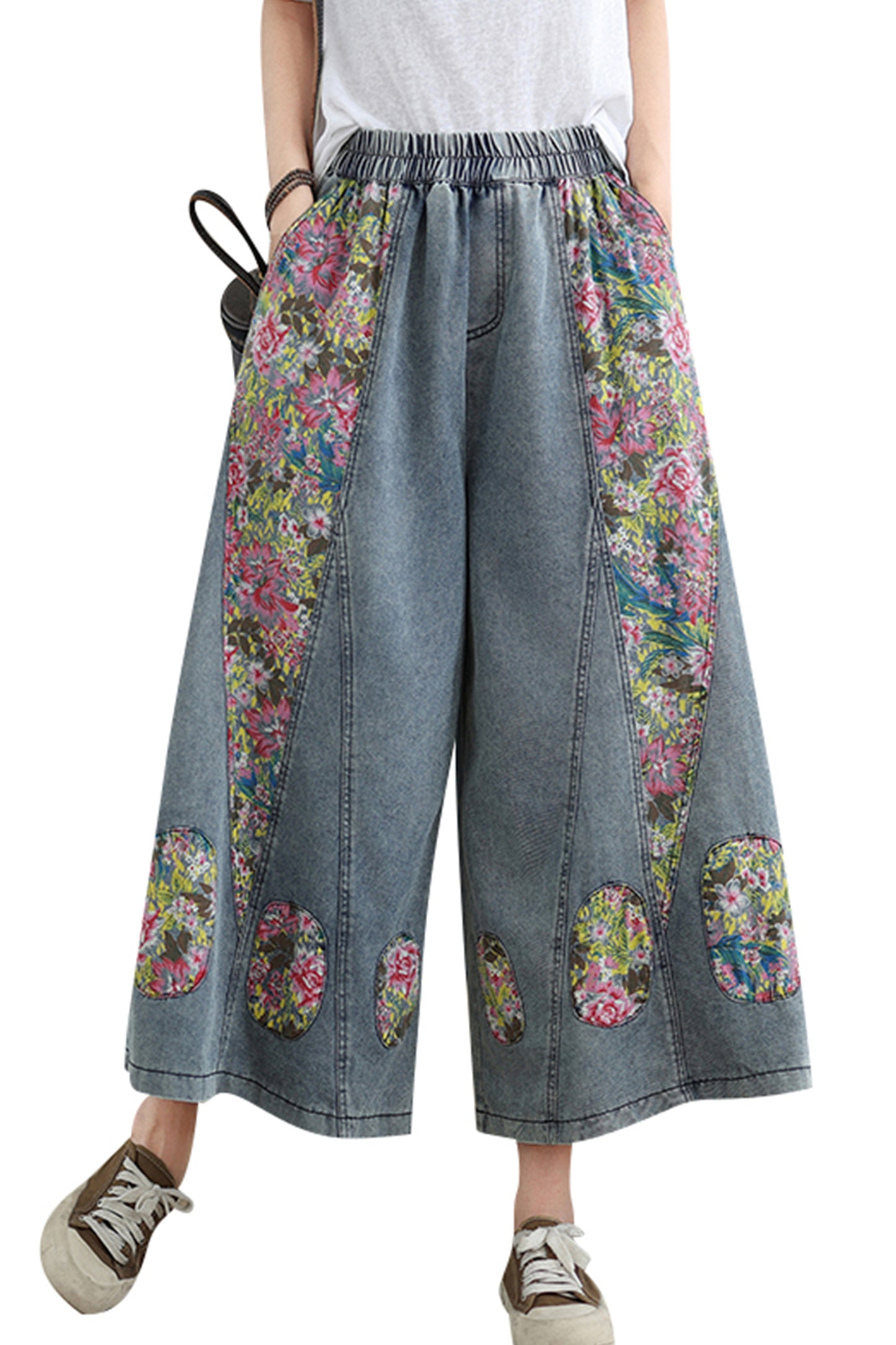BK-Women's Loose Elastic Waist Wide Leg Denim Pants With Double Pockets - LAI MENG FIVE CATS