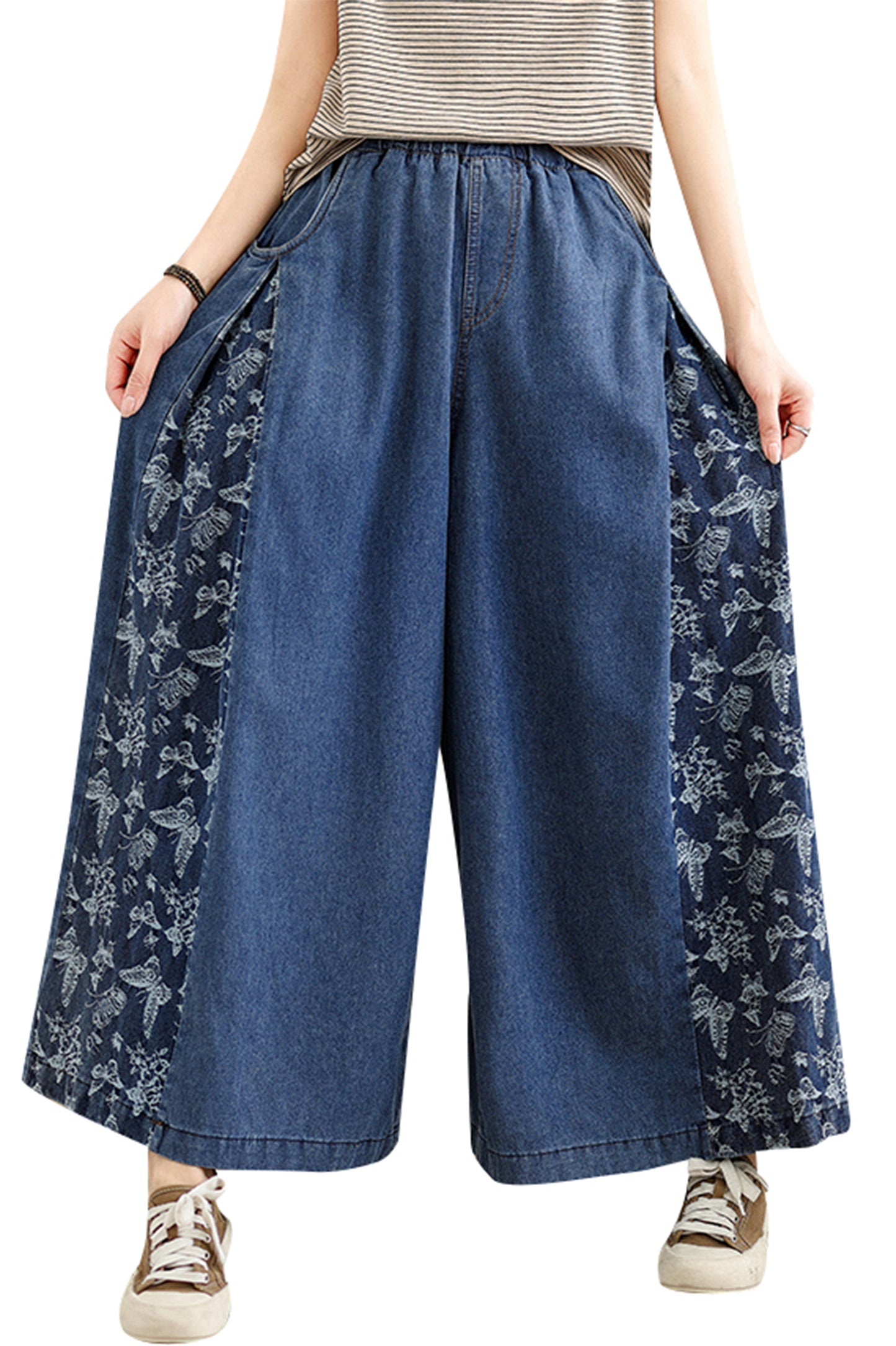 Women's Loose Elastic Waist Wide Leg Denim Pants With Double Pockets - LAI MENG FIVE CATS