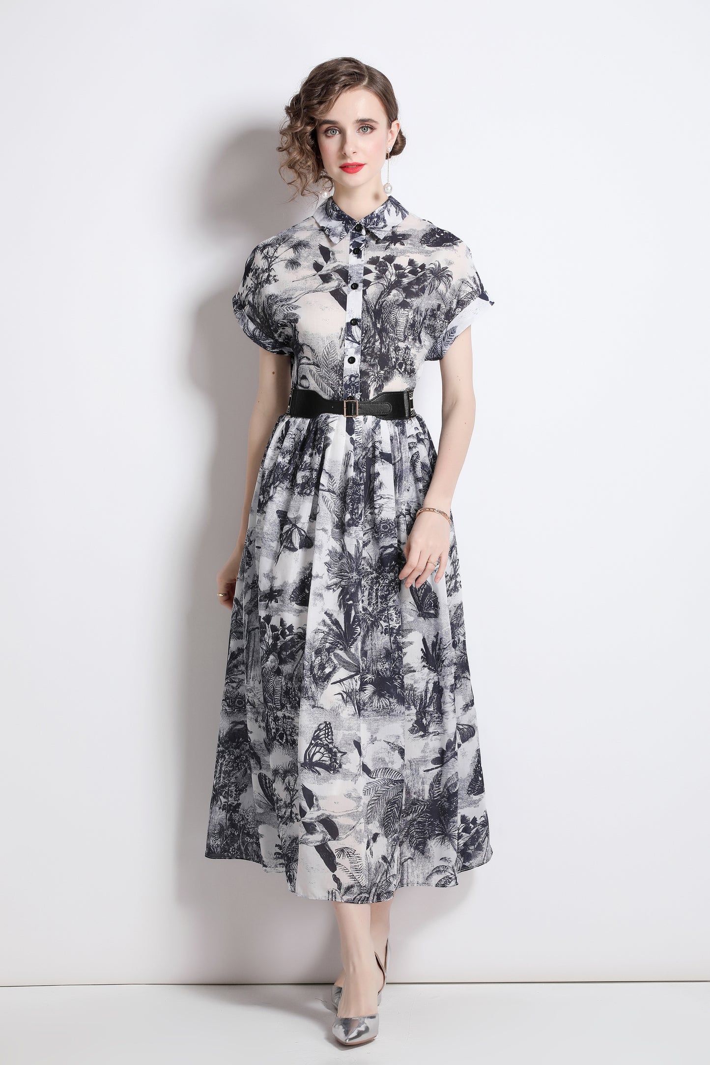 Women's Short Sleeves Collar Printed Midi Dress
