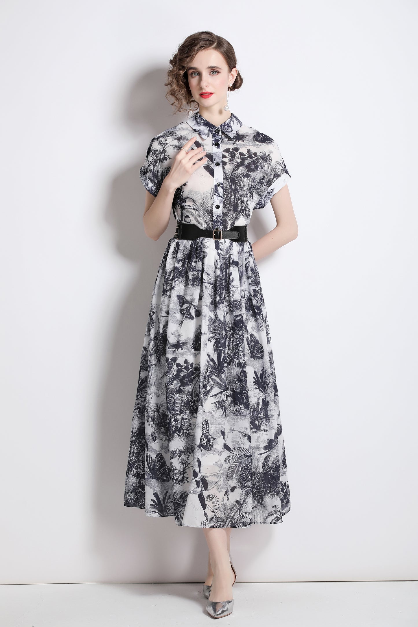 Women's Short Sleeves Collar Printed Midi Dress