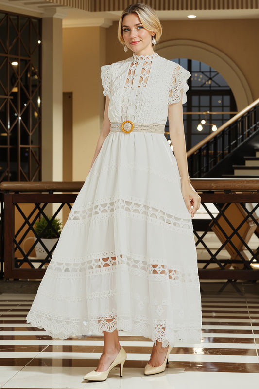 BK-Womens Lace Hollow Ruffled  Maxi  Dress - LAI MENG FIVE CATS