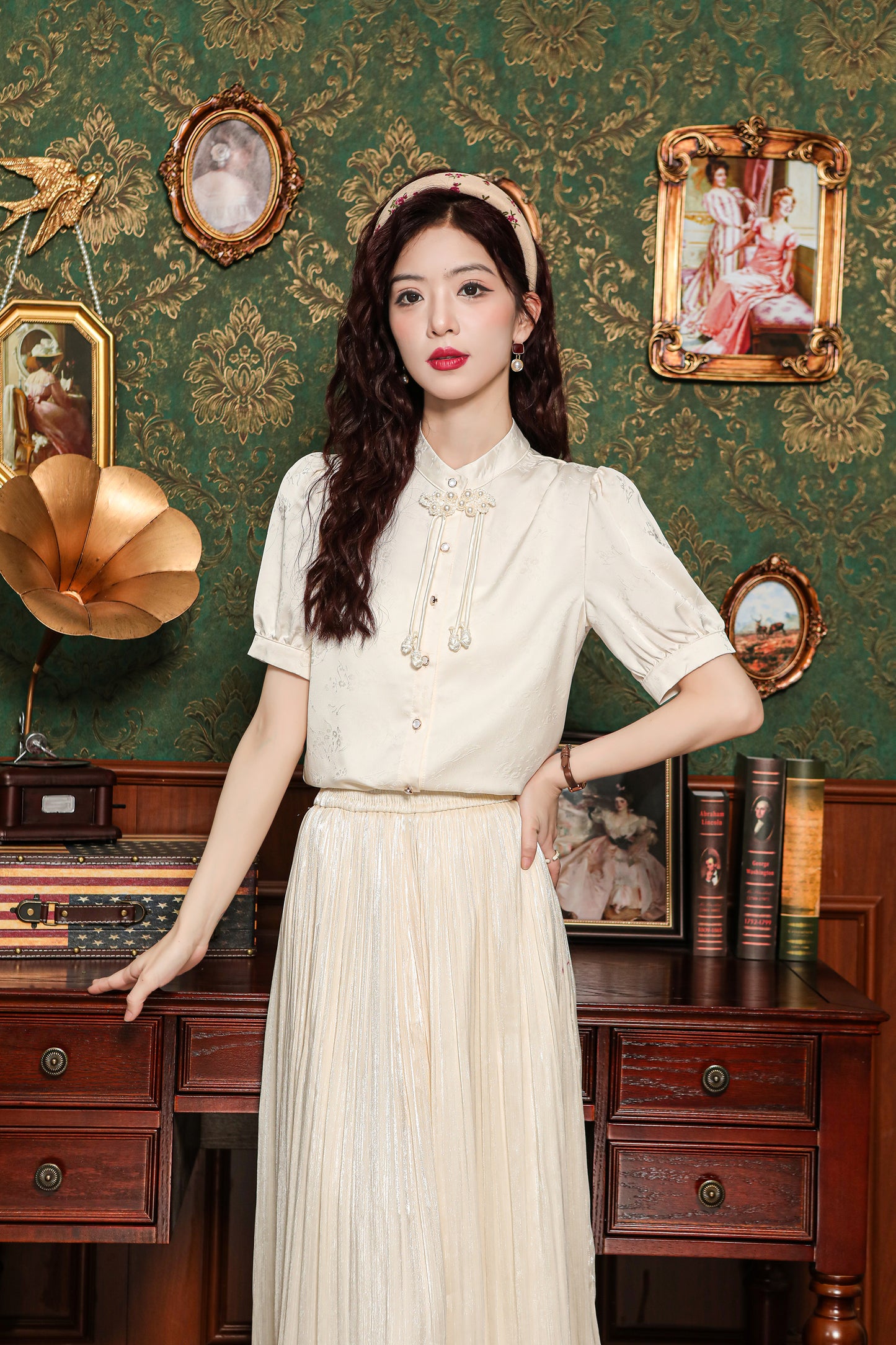 Women's Silk Satin Embroidery Jacquard Blouse Tops