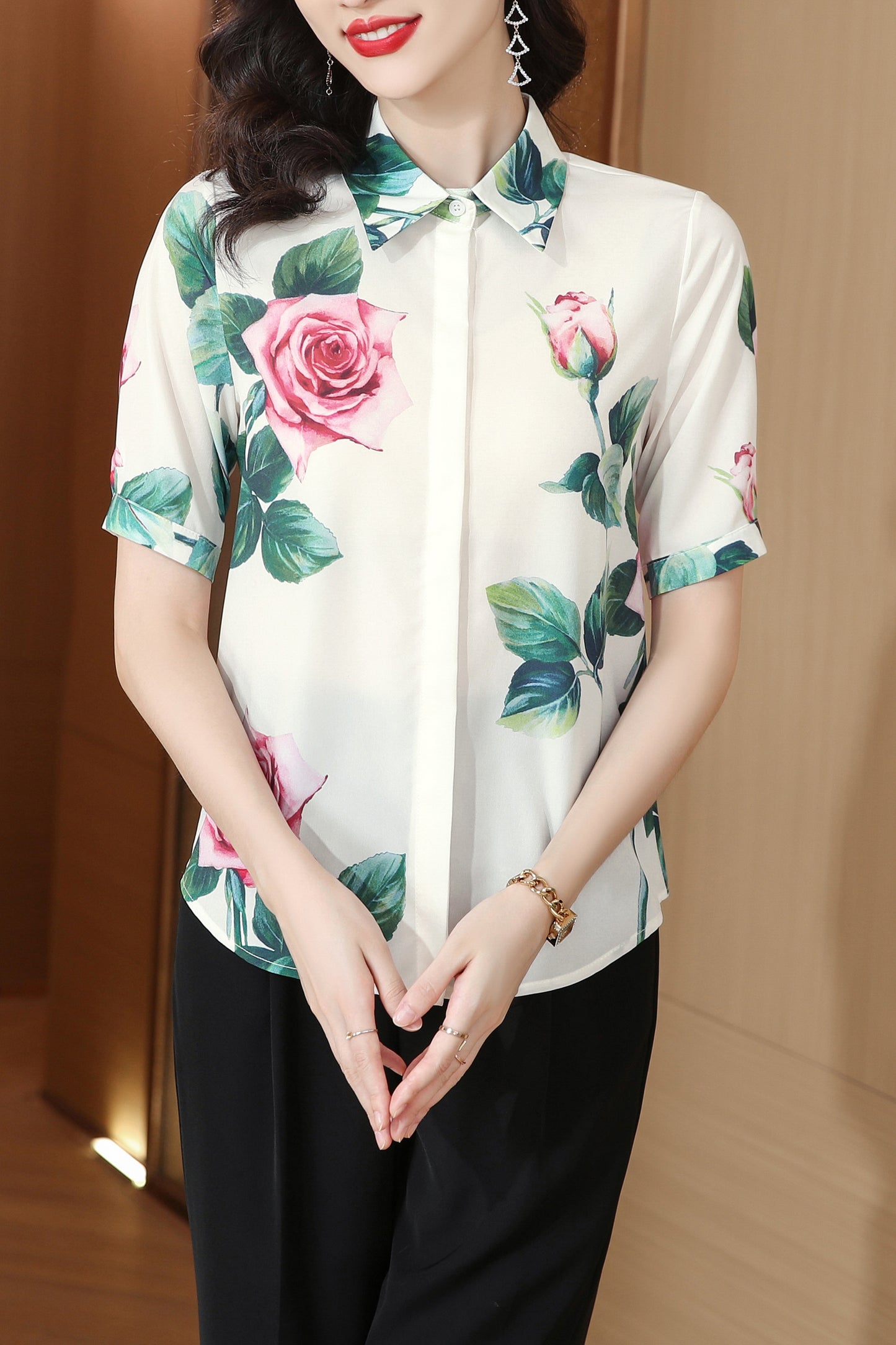 Women's Collared Floral Print Blouse Short Sleeve Tops