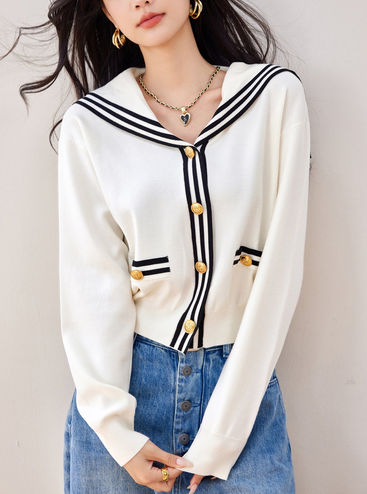 Women's Sailor Collar V-Neck Stripe Button Knit Top