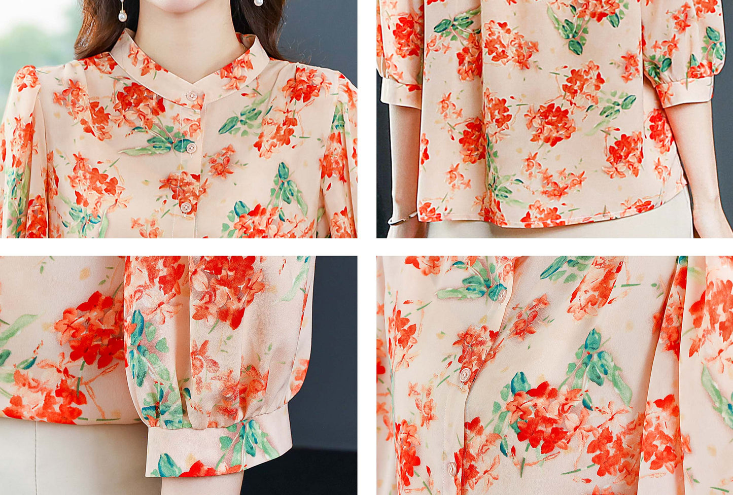 Silk Blouse Satin Lantern Sleeve Button up Casual Print Loose Tops Shirt - LAI MENG FIVE CATS