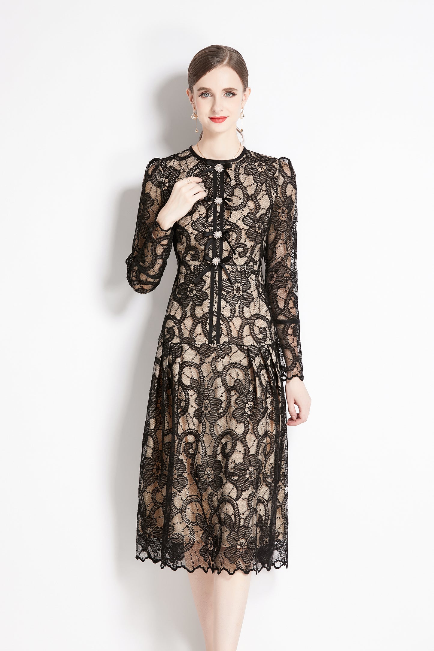 Women's Lace Floral Long Sleeve Midi Dress