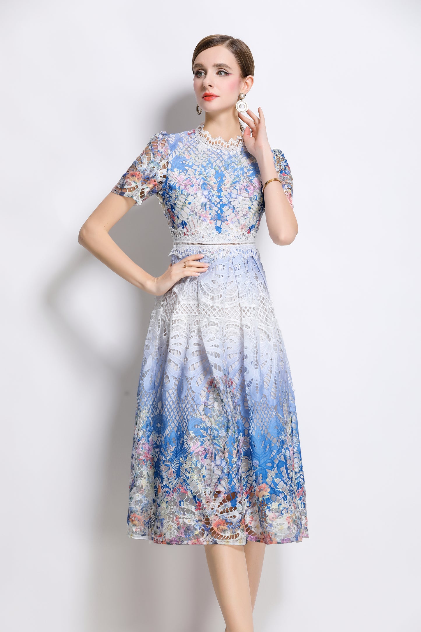 Women's Lace Floral Short Sleeve Midi Dress