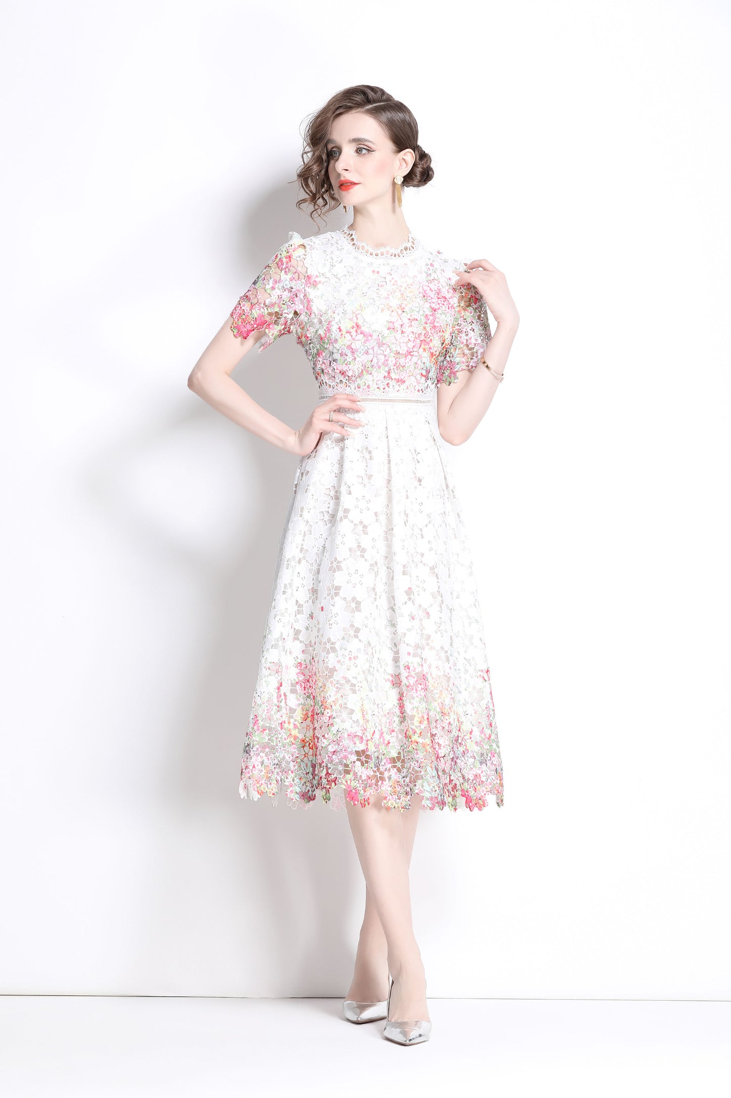 Women's Lace Floral Short Sleeve Crochet Waist Cocktail Midi Dress - LAI MENG FIVE CATS