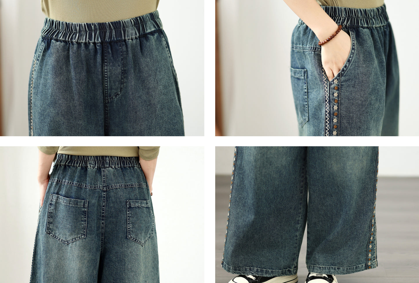 Vintage Embroidered Wide Leg Jeans with Elastic Waist Denim Pants - LAI MENG FIVE CATS