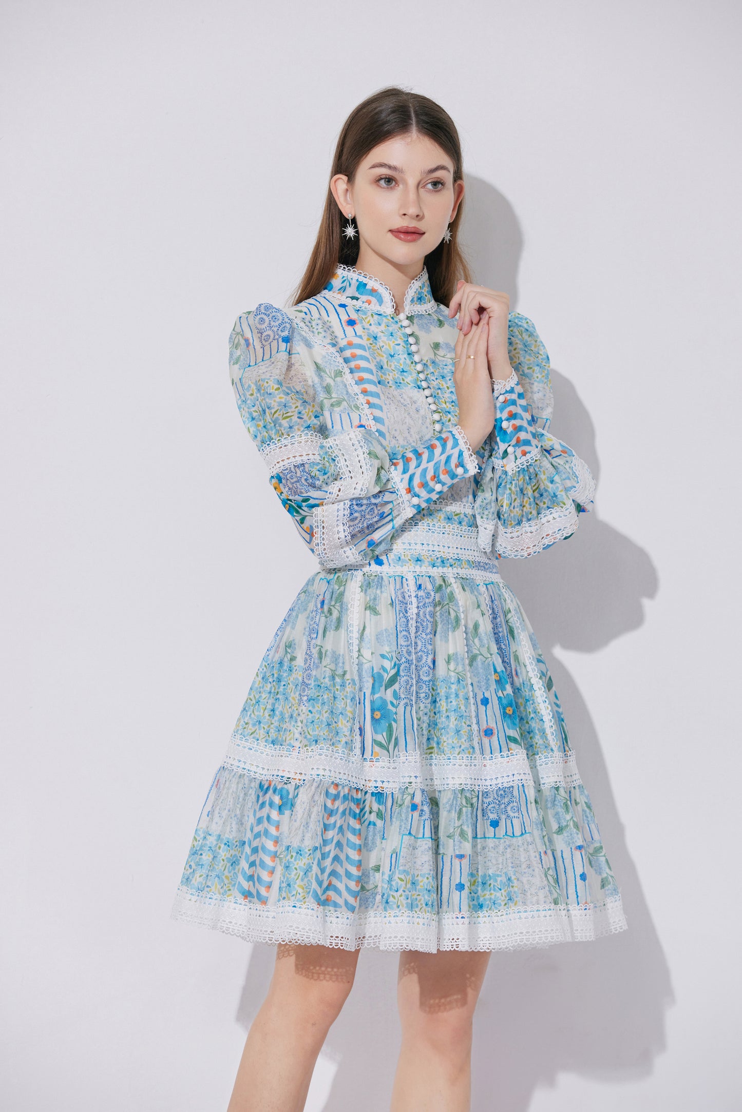 Women's Puff Sleeves Hollow Mesh Mini Dress