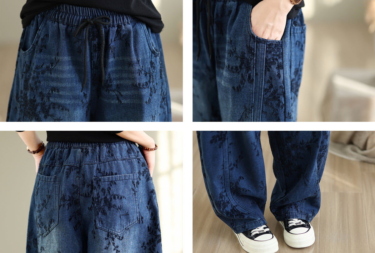 28671-Vintage Floral Print Denim Wide Leg Pants with Drawstring Waist