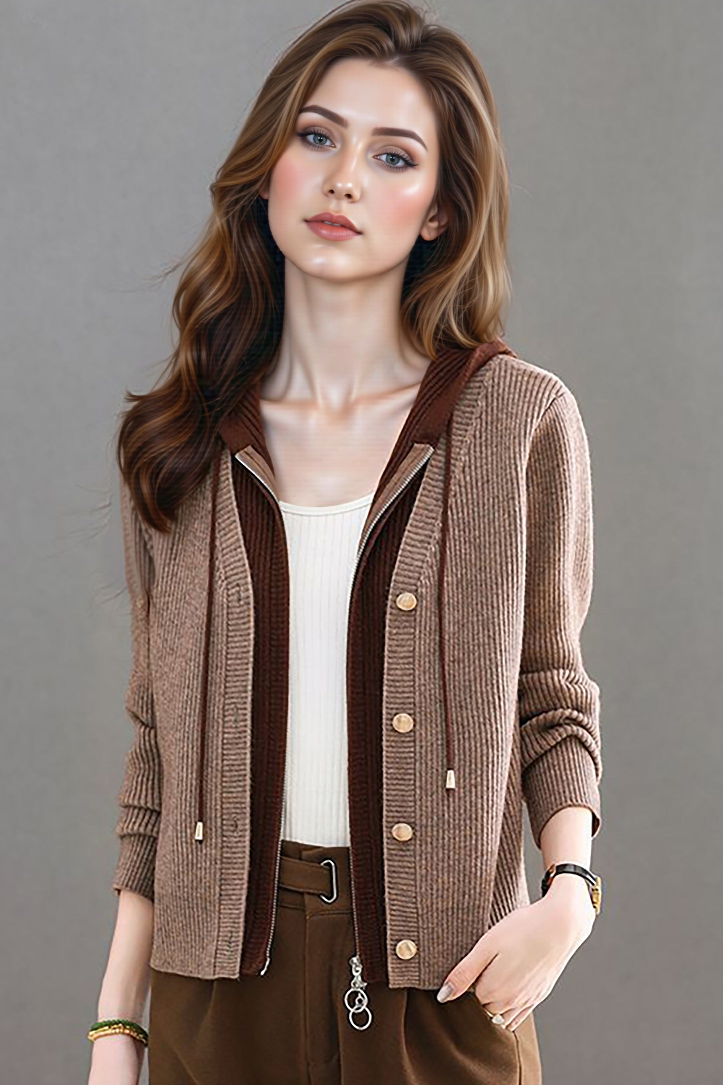 Women's Cardigan Hooded V Neck Sweaters Knit Jacket