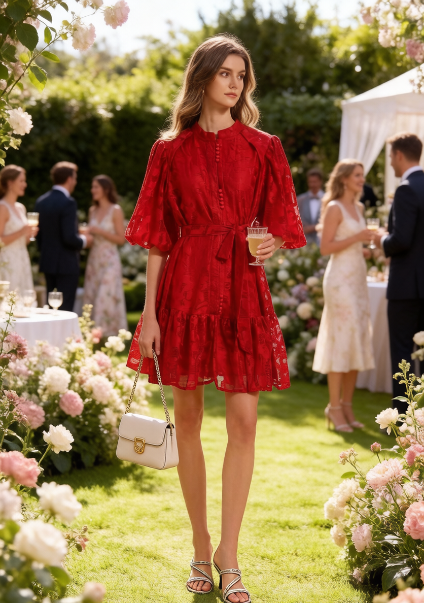 Elegant Loose Lace Mini Dress with Front Button Closure & Ruffle Hem - LAI MENG FIVE CATS