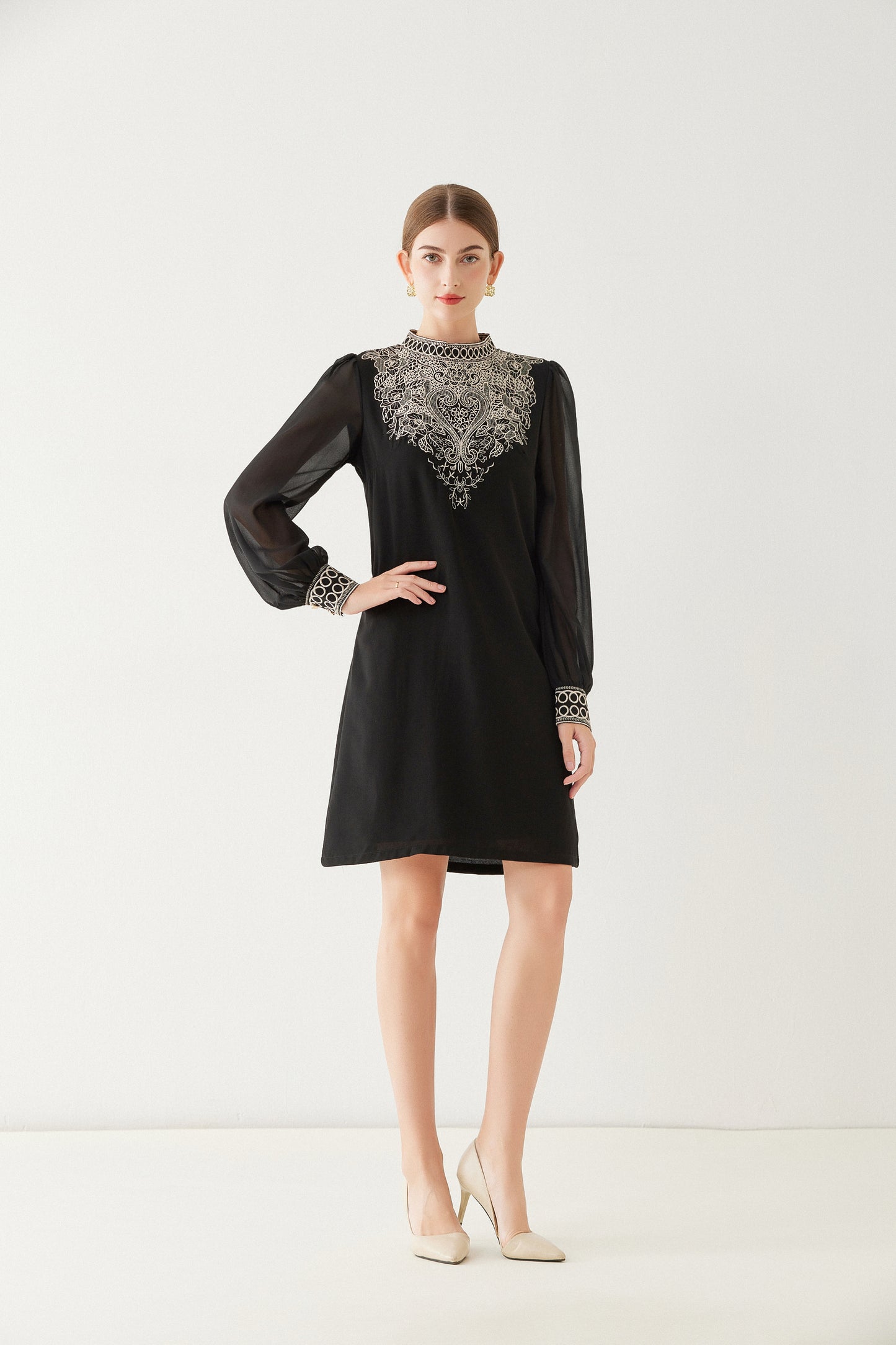 FSY-Women's Embroidered Floral Chiffon Round Neck Mini Dress