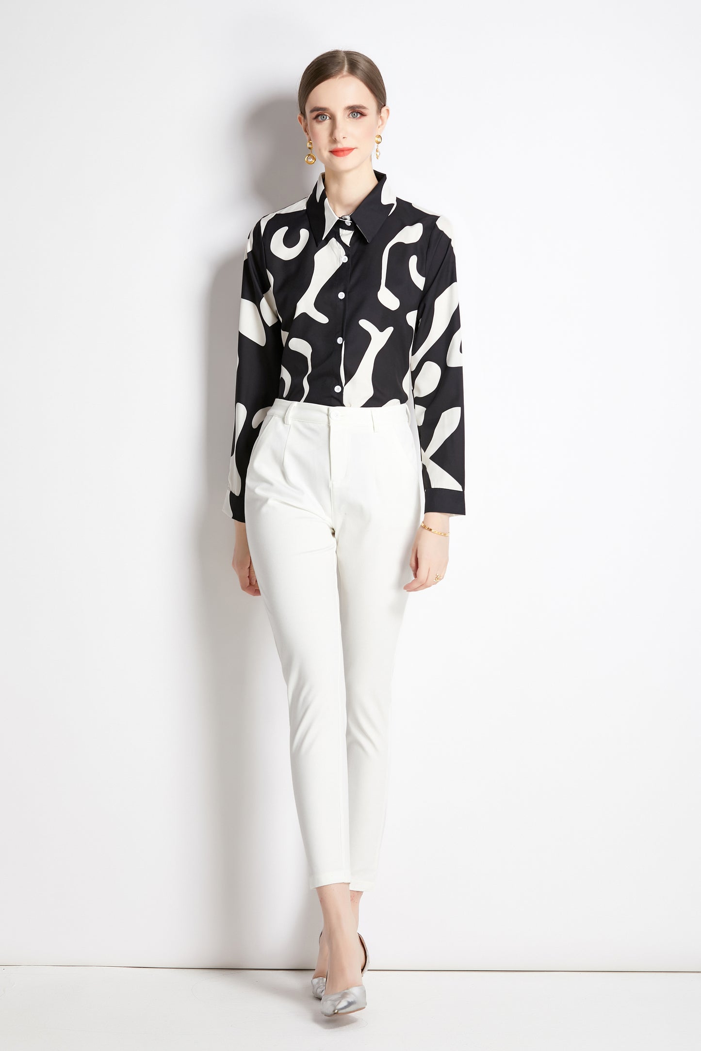 ESY-Women's Long Sleeve Lapel Collar Print Button Blouse