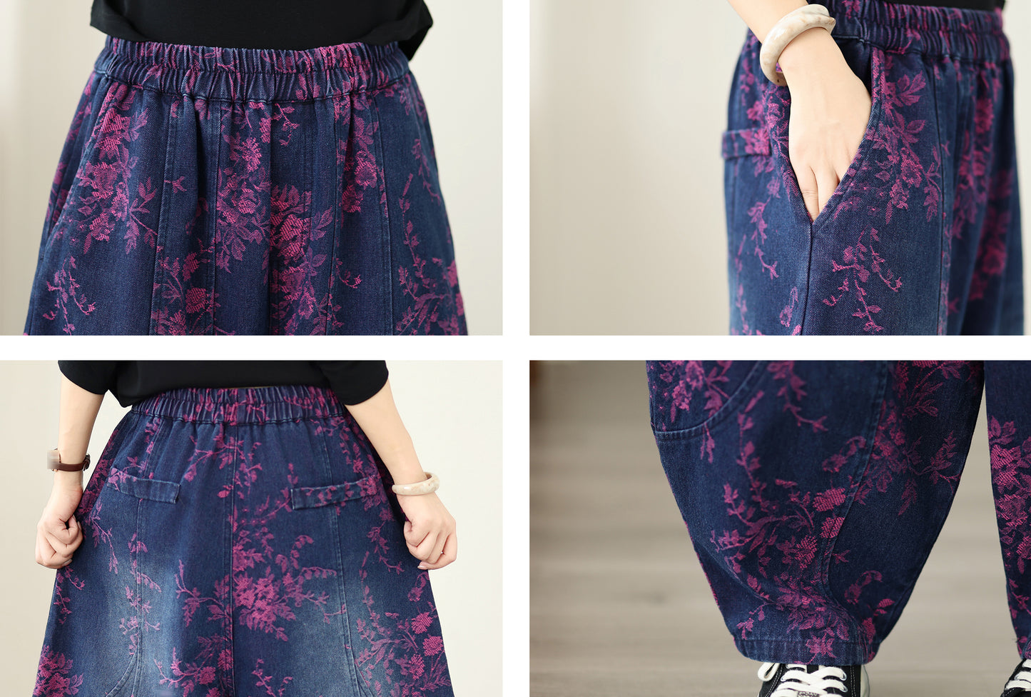 Vintage Print Denim Jeans for Women - High-Waisted, Loose-Fit Harem Pants - LAI MENG FIVE CATS