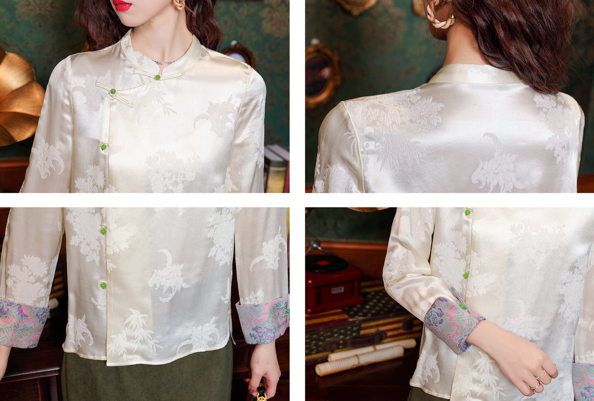 Elegant Chinese Style Jacquard Blouse with Vintage Buttons
