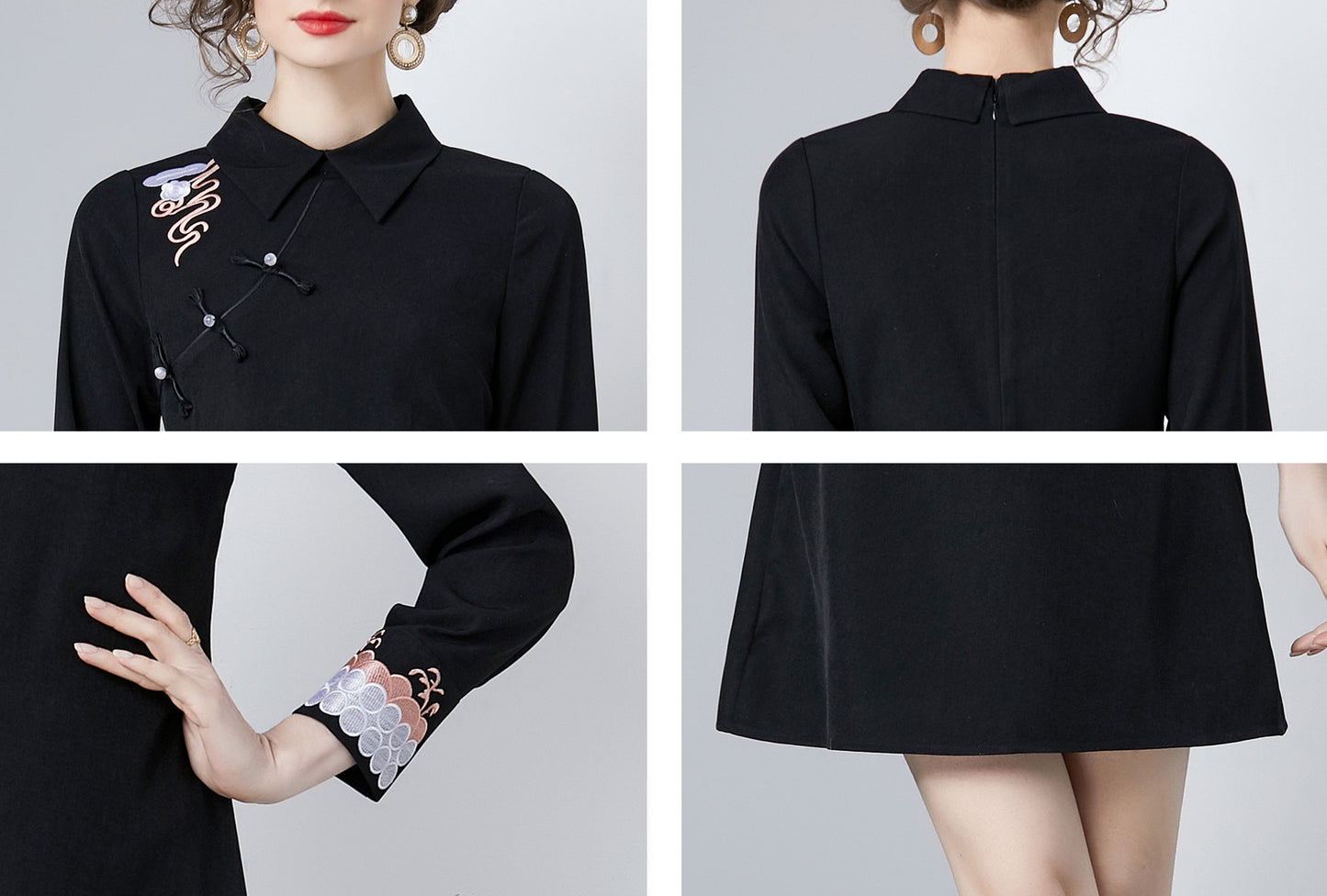 Vintage Women's Elegant Embroidered Hight Neck Mini Dress - LAI MENG FIVE CATS