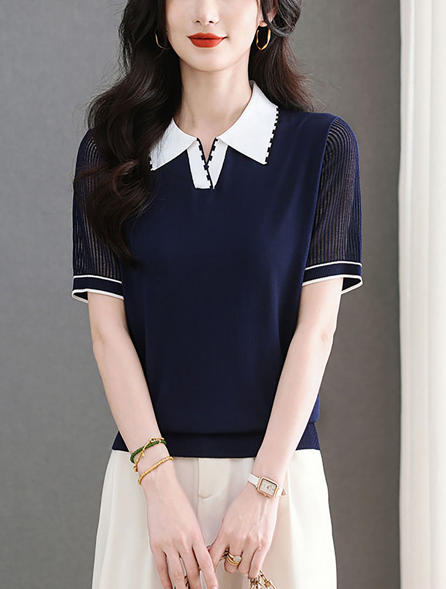 Women's Contrasting Color Polo Collar Knit Blouse