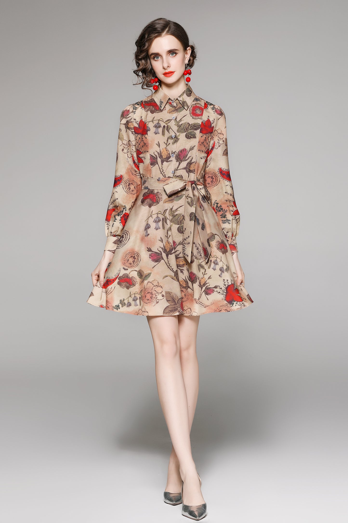 SSY-Women's Floral Print Tie Collar Puff Sleeve Button Mini Dress