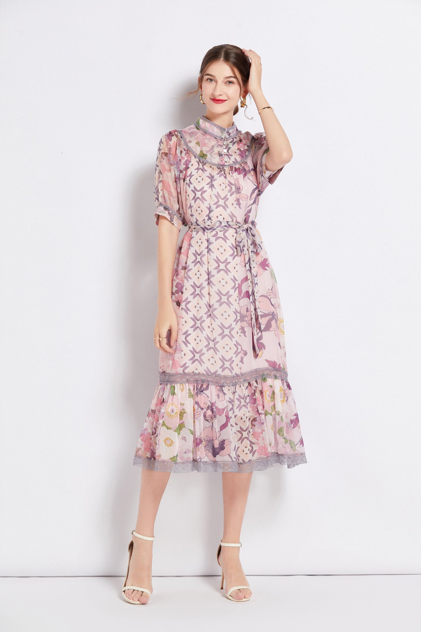 FSY-Women's Chiffon Short Sleeve Floral Ruffle Loose Midi Dress
