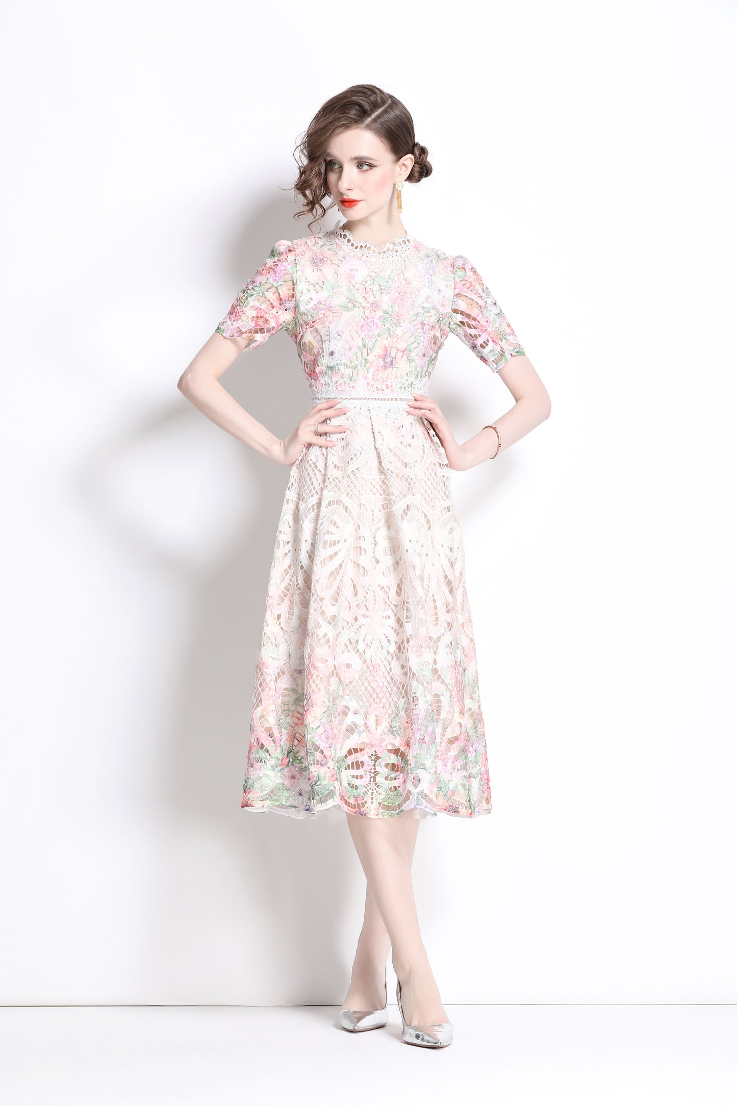Women's Lace Floral Short Sleeve Crochet Waist Cocktail Midi Dress - LAI MENG FIVE CATS