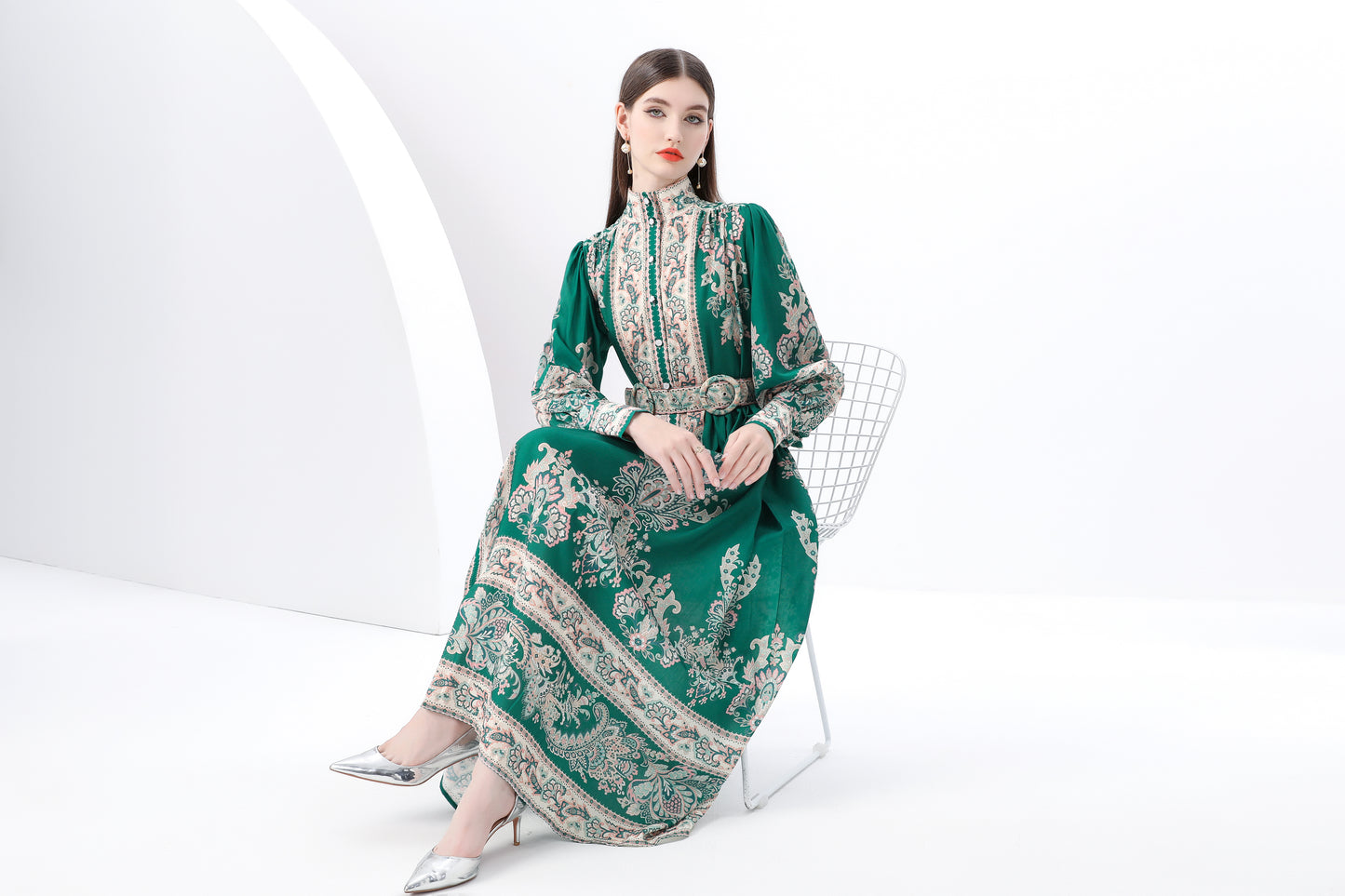 Women's Printed High-neck Puff Sleeves Maxi Dress - LAI MENG FIVE CATS