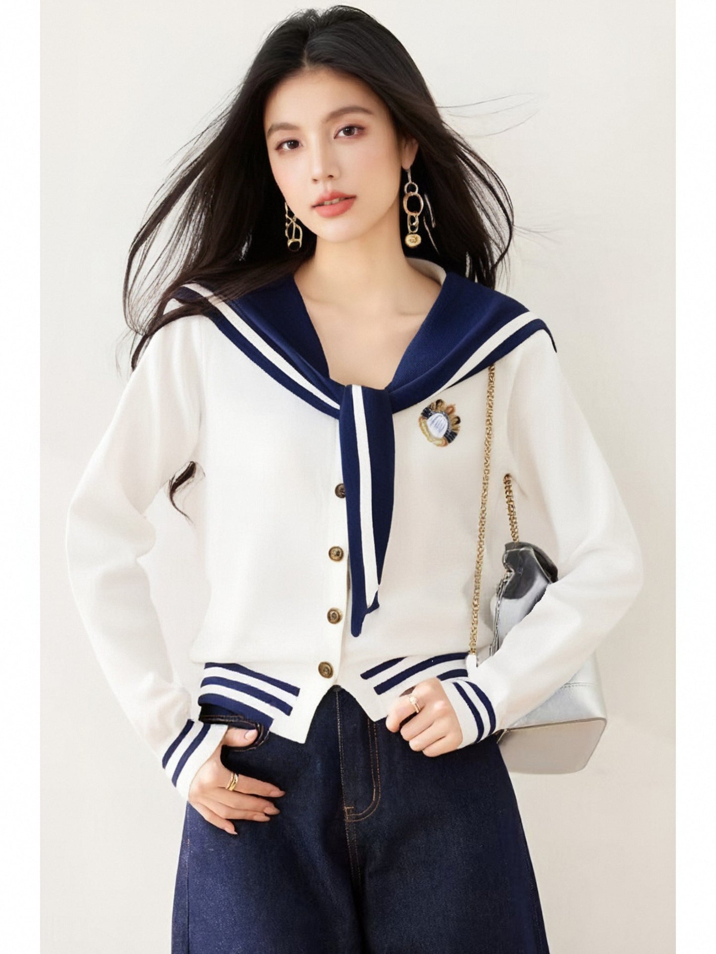 Women's Sailor Collar Long Sleeve Stripe Cardigan Sweater