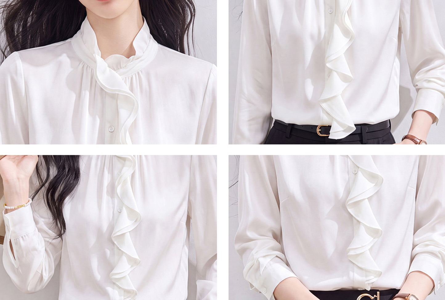Classic Ruffle Front Stand Collar Blouse