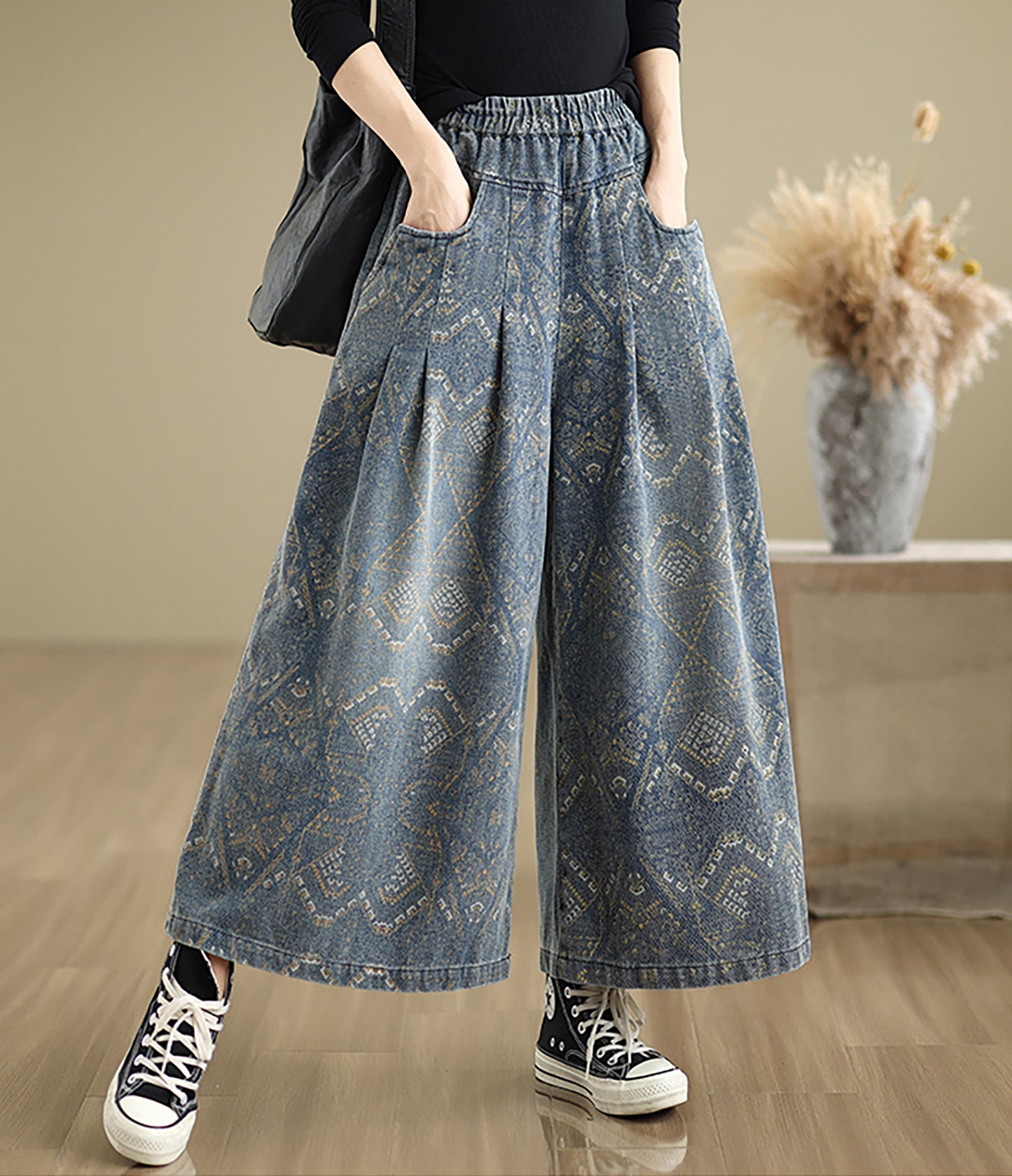 Loose Elastic Waist Wide Leg Denim Pants