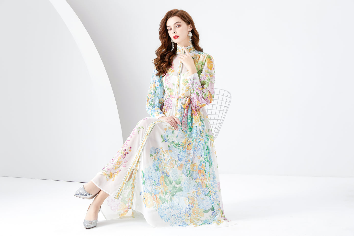 Women Vintage Floral Print Casual Split Flowy Maxi Belt Dress - LAI MENG FIVE CATS