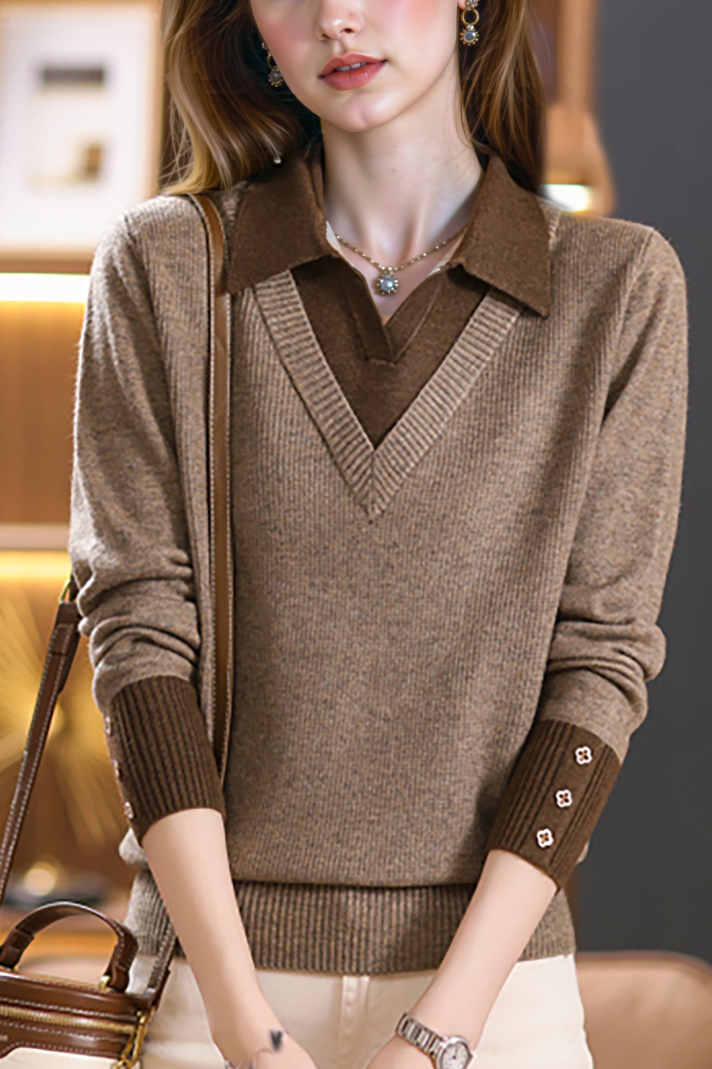 Women's Polo Contrast Collar Sweater Pullover Top