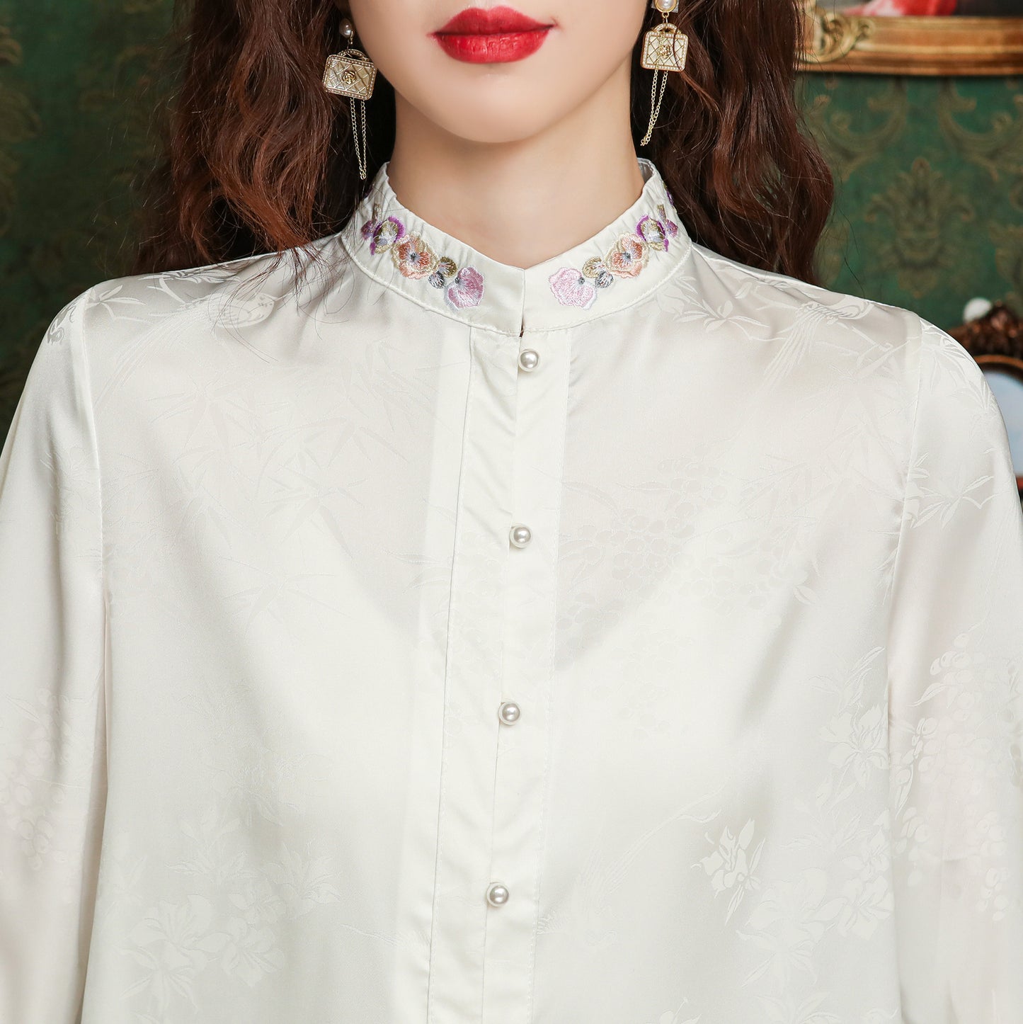 Women's Silk Satin Embroidery Jacquard Blouse Top