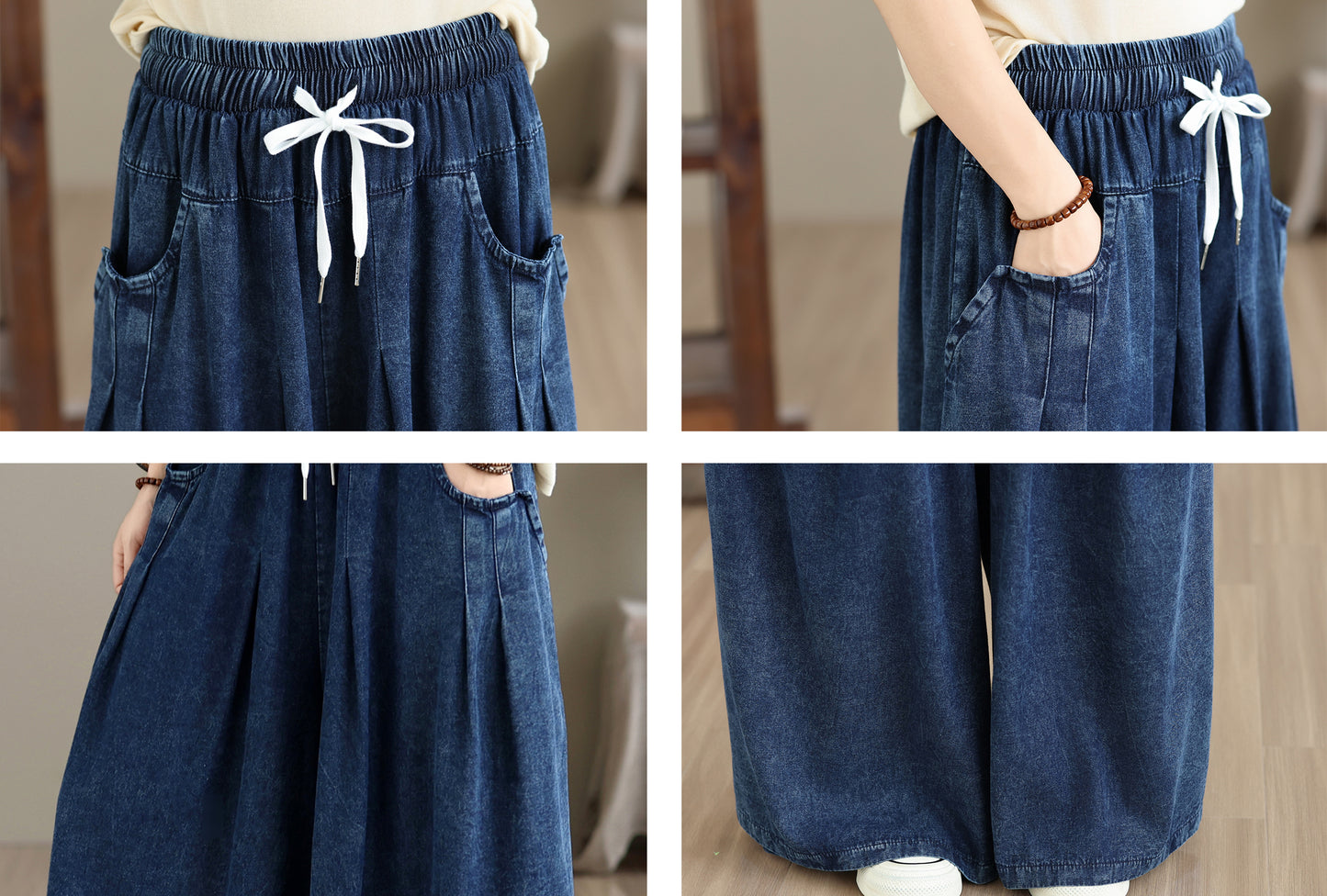 Vintage Loose Fit Drawstring High Waist Jeans Casual Wide Leg Pants - LAI MENG FIVE CATS