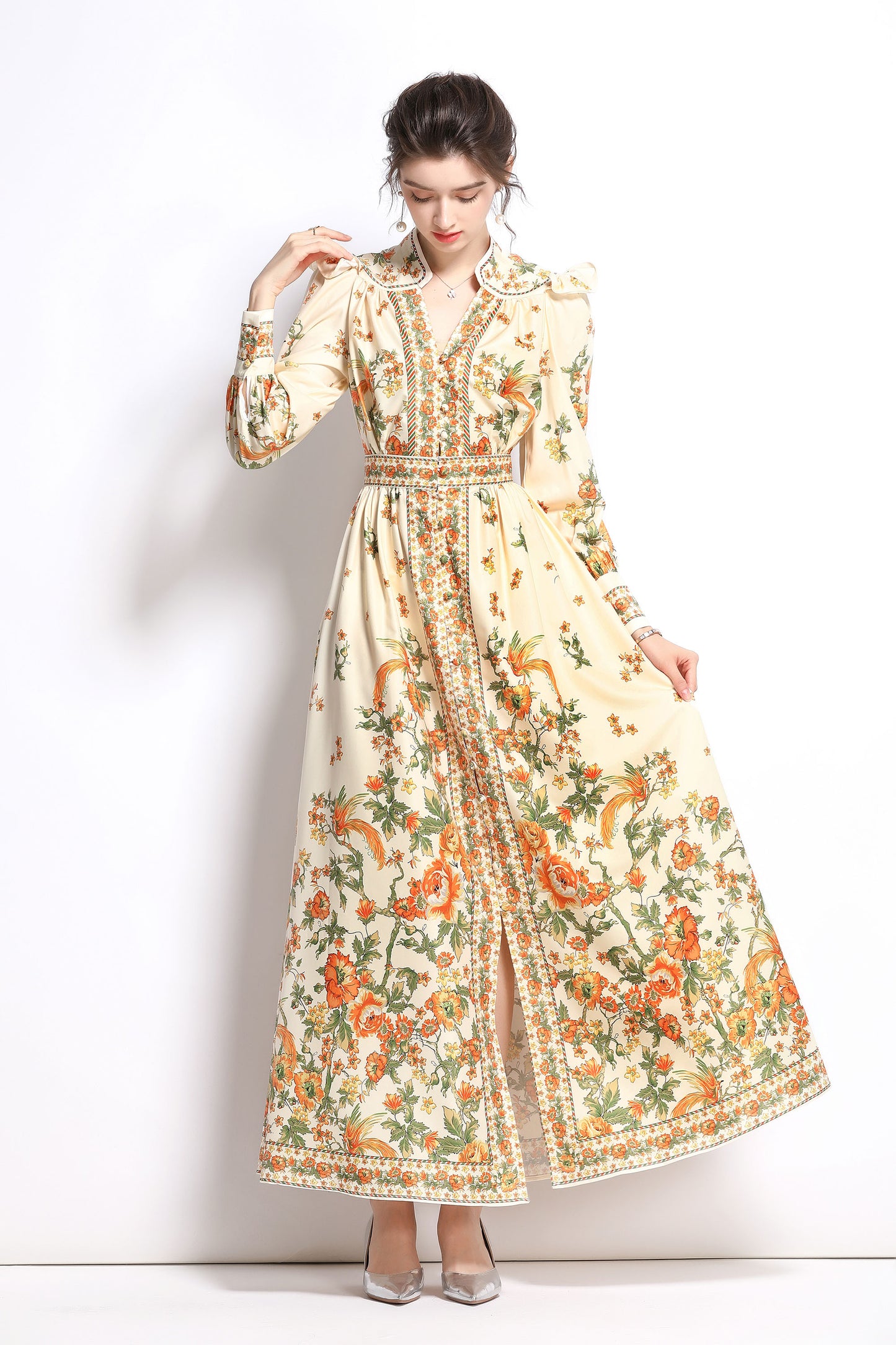 Women's Vintage Floral Print V Neck Button Front Maxi Dress - LAI MENG FIVE CATS