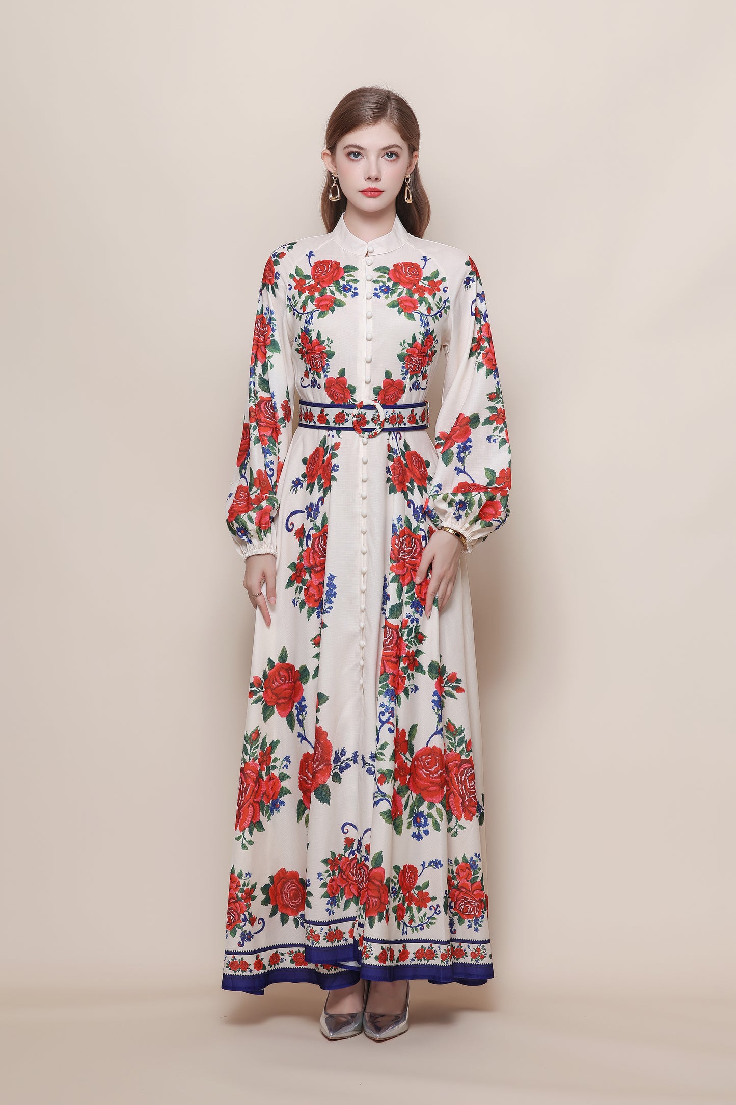 26-Women's Floral Print Puff Sleeve Button Maxi Dress - LAI MENG FIVE CATS