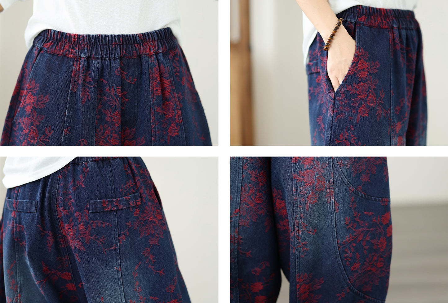 Vintage Print Denim Jeans for Women - High-Waisted, Loose-Fit Harem Pants - LAI MENG FIVE CATS