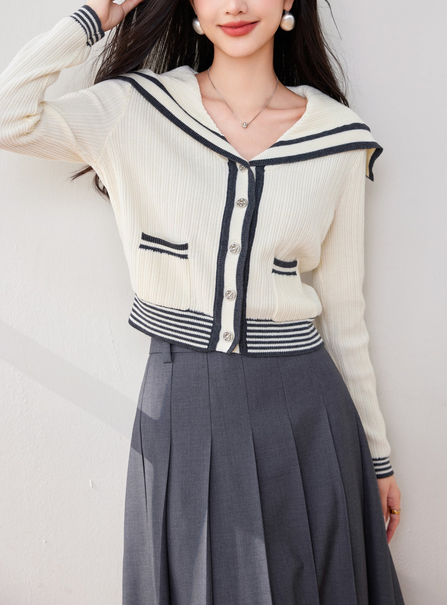 Women's Sailor Collar V-Neck Stripe Button Knit Top