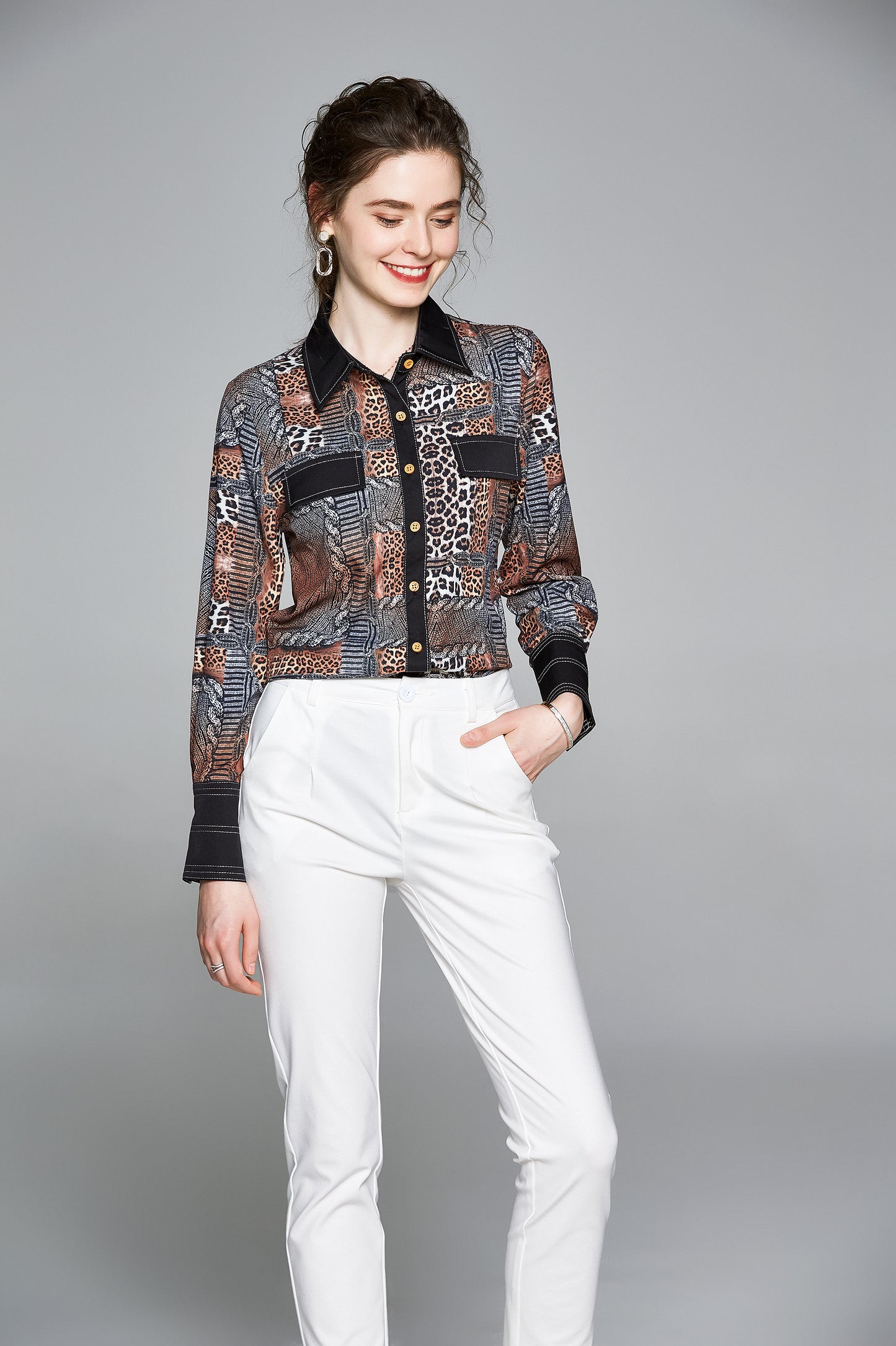 ESY-Women's Shirt Print Long Sleeve Button Blouse - LAI MENG FIVE CATS