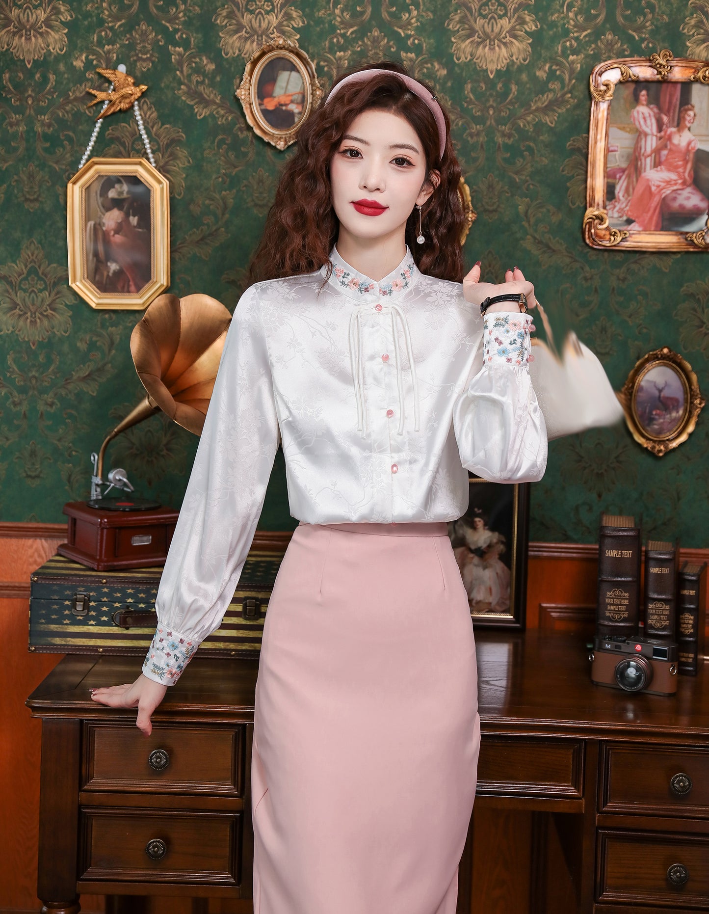Women's Silk Satin Top Embroidered Jacquard Shirt