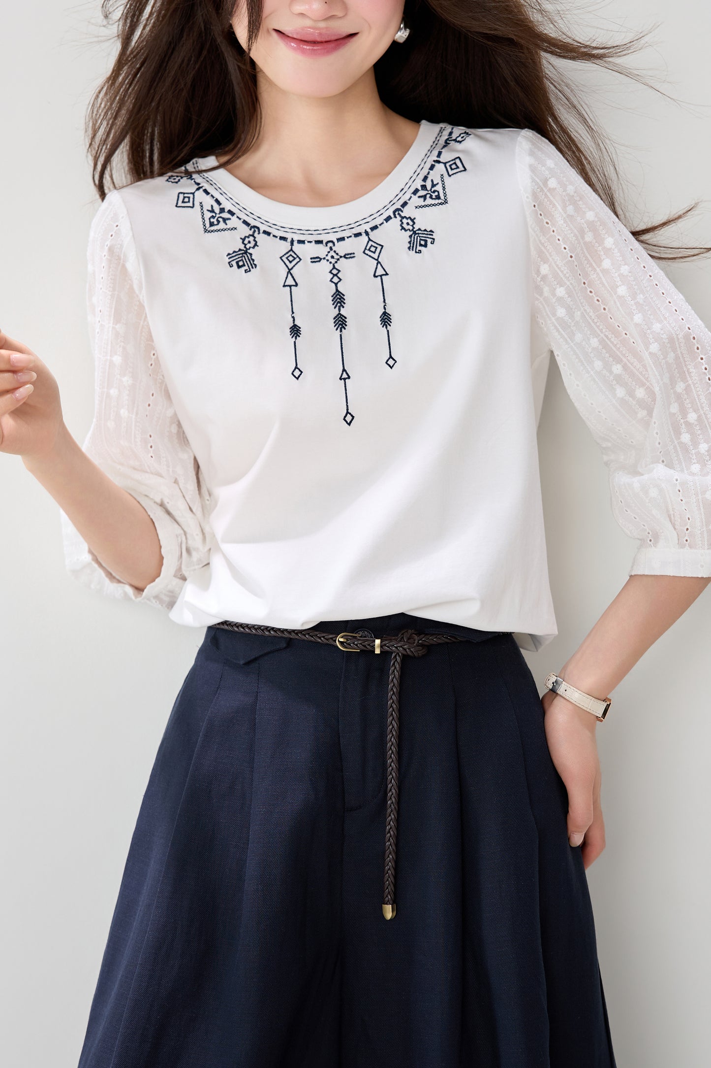 Embroidered Sheer Sleeve Blouse – Elegant 3/4 Sleeve Loose Fit Top