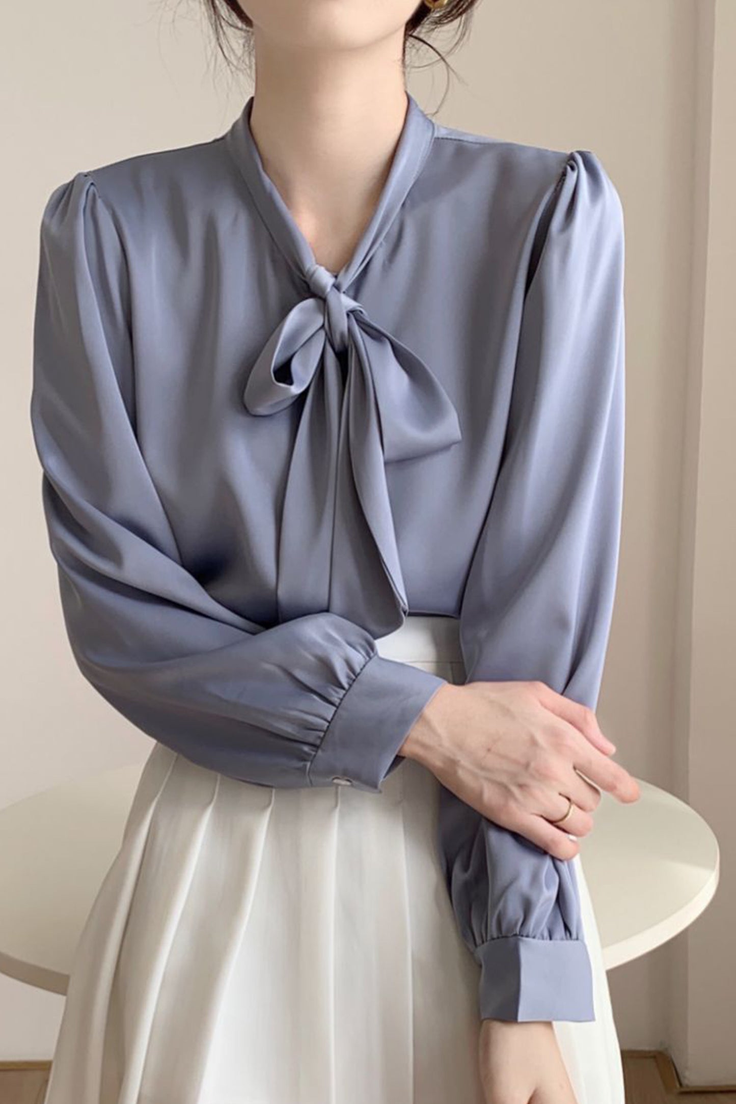 Women's Stain Shirt Tie Neck Long Sleeve Blouse Top